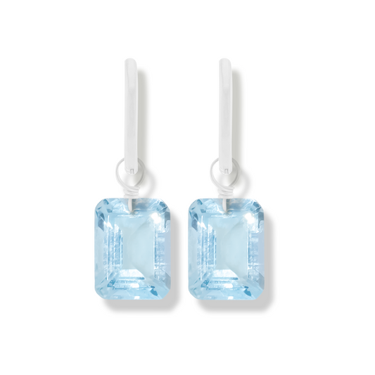 Blue Topaz Emerald Cut Rhodium Hoop Earrings