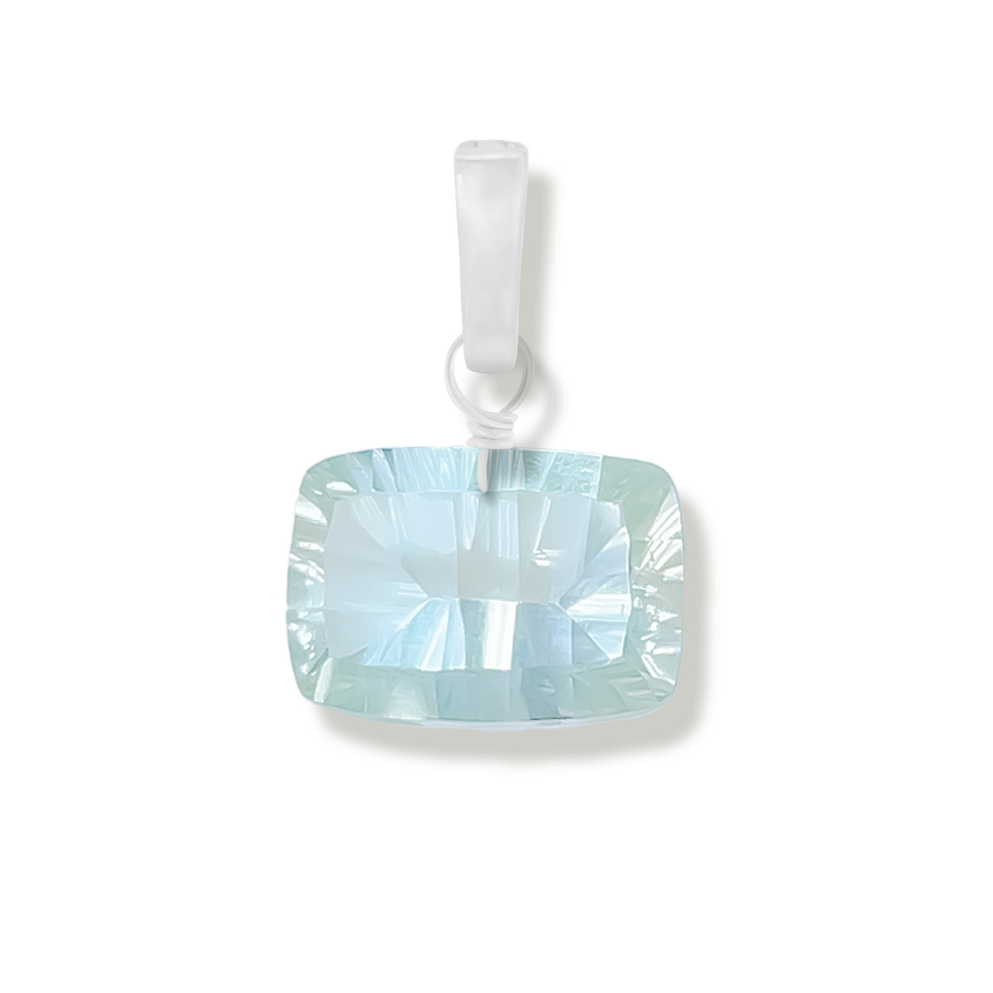 green amethyst rectangle cut gemstone charm on a white background.