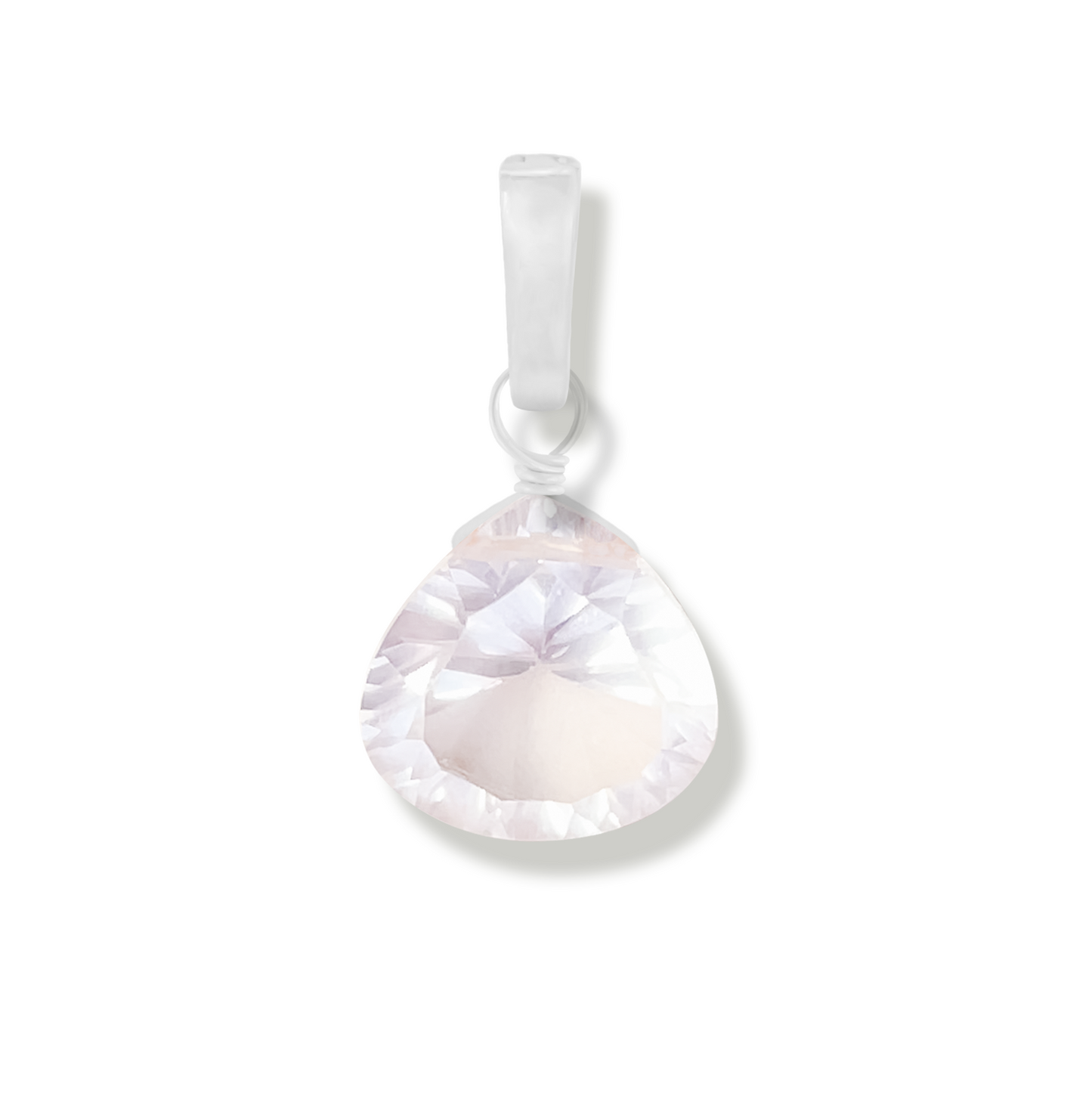 rose quartz teardrop cut charm on white background.