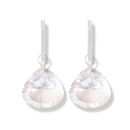 Rose Quartz Teardrop Cut Rhodium Hoop Earrings