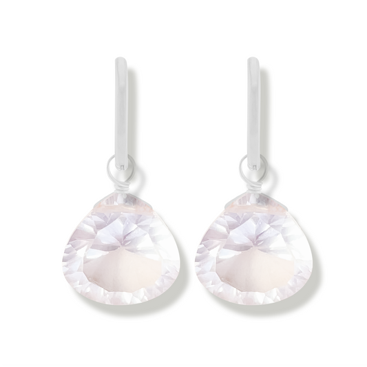 Rose Quartz Teardrop Cut Rhodium Hoop Earrings