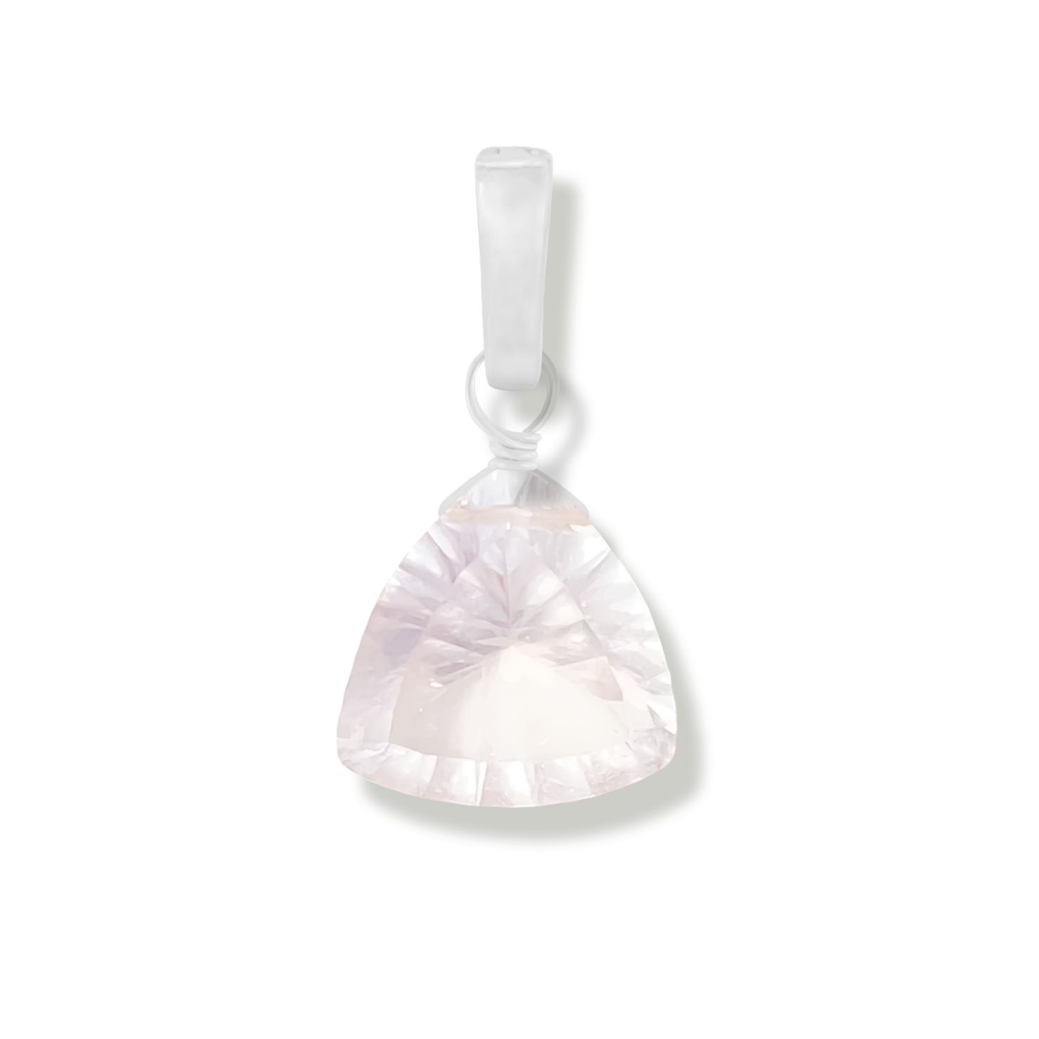 Trillion-cut Rose Quartz gemstone charm on a white background