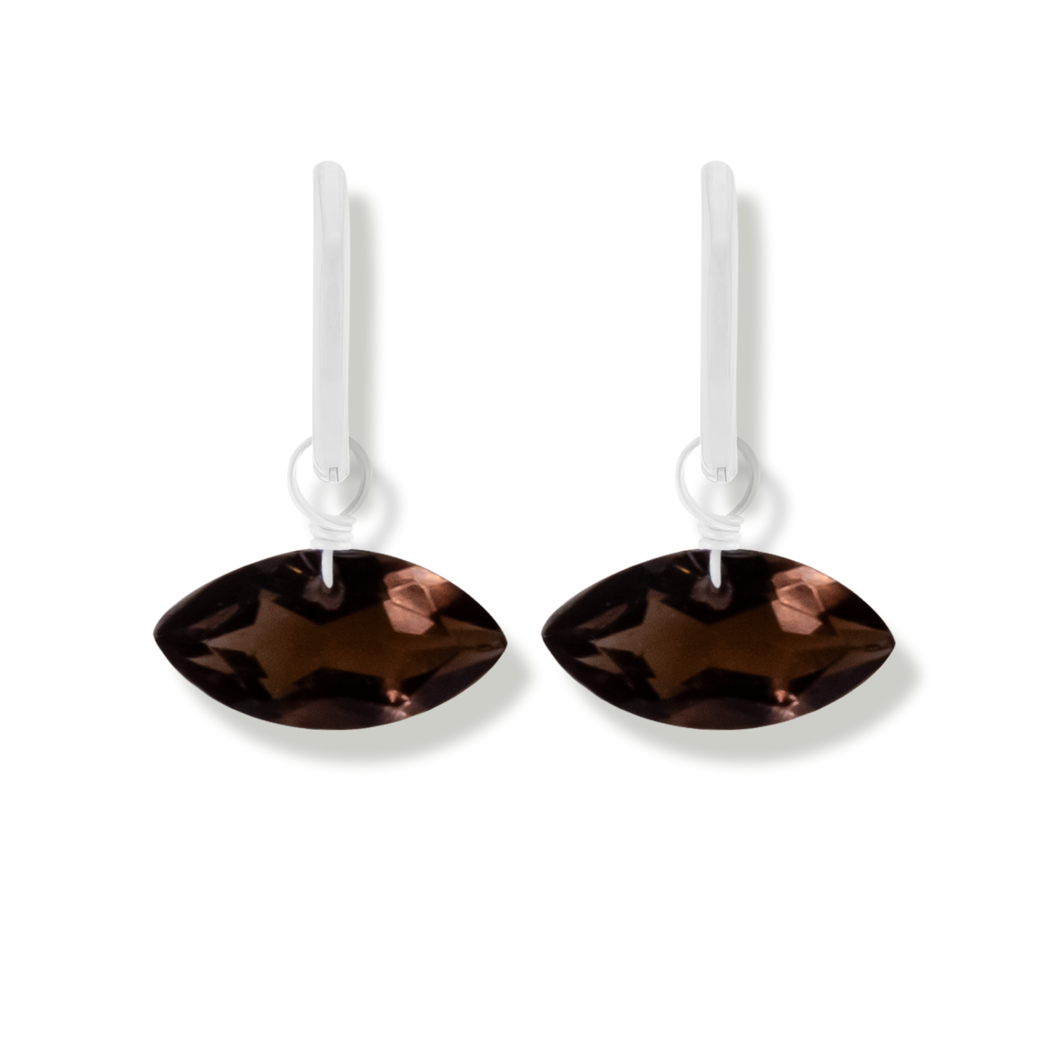 smoky quartz marquise cut silver earrings on a white background.