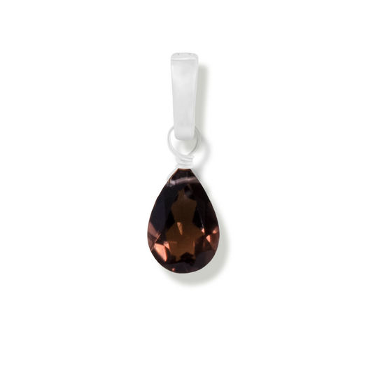 smoky quartz pear cut gemstone charm on white background.