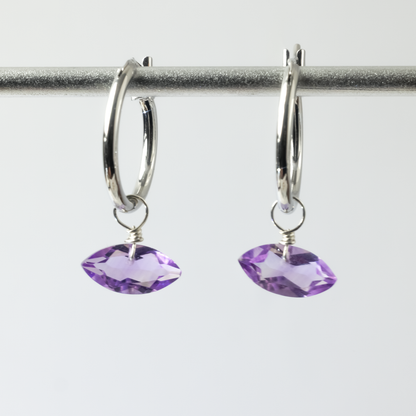 Brazilian Pink Amethyst Marquise Cut Rhodium Hoop Earrings