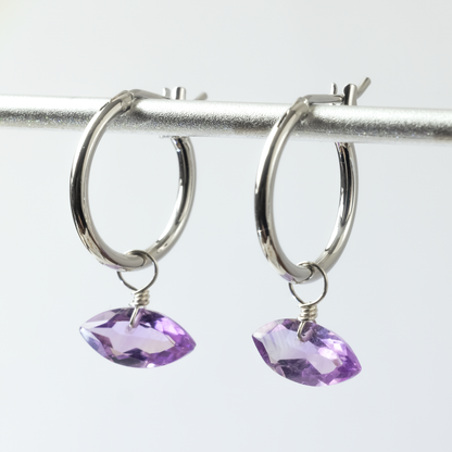 Brazilian Pink Amethyst Marquise Cut Rhodium Hoop Earrings