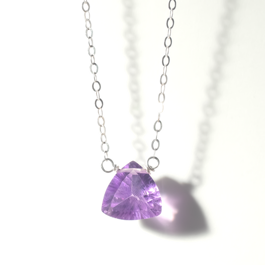 Floating Gem Brazilian Pink Amethyst Trillion Cut in Sterling Silver Necklace