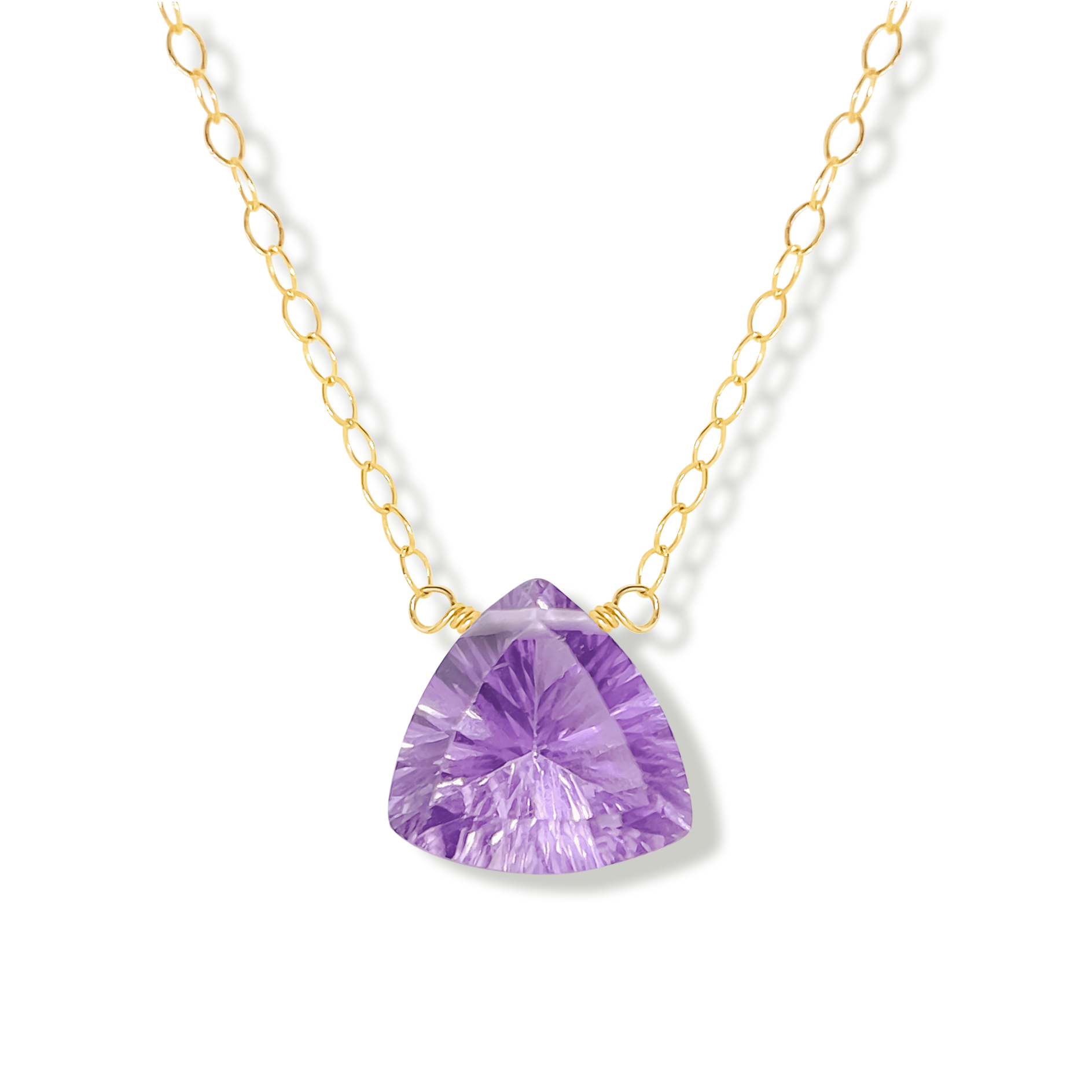 brazilian pink amethyst trillion gemstone pendant on a 14k gold-filled chain necklace on a white background.