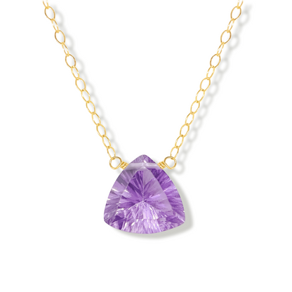 brazilian pink amethyst trillion gemstone pendant on a 14k gold-filled chain necklace on a white background.