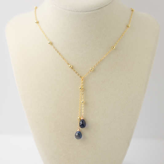 Royal Blue Sapphire 14K Gold Satellite Lariat Necklace