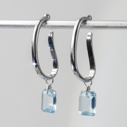 Blue Topaz Emerald Cut Rhodium Ear Cuffs