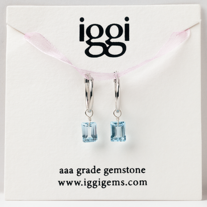 Blue Topaz Emerald Cut Rhodium Hoop Earrings