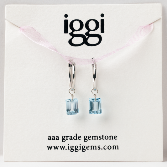 Blue Topaz Emerald Cut Rhodium Hoop Earrings