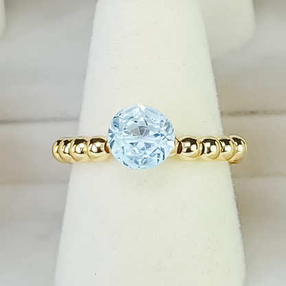 Blue Topaz Round Cut Gold Bead Cocktail Ring