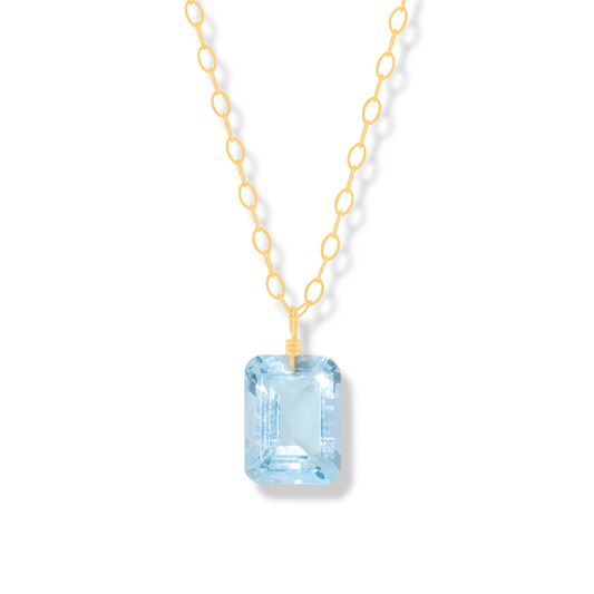 Floating Gem Blue Topaz Emerald Cut 14K Gold-Filled Necklace
