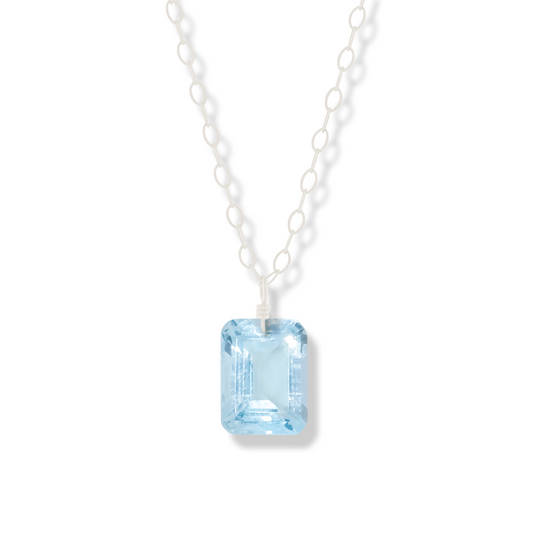 Floating Gem Blue Topaz Emerald Cut Sterling Silver Necklace