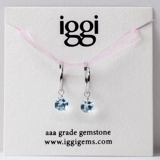 Blue Topaz Square Cut Rhodium Hoop Earrings