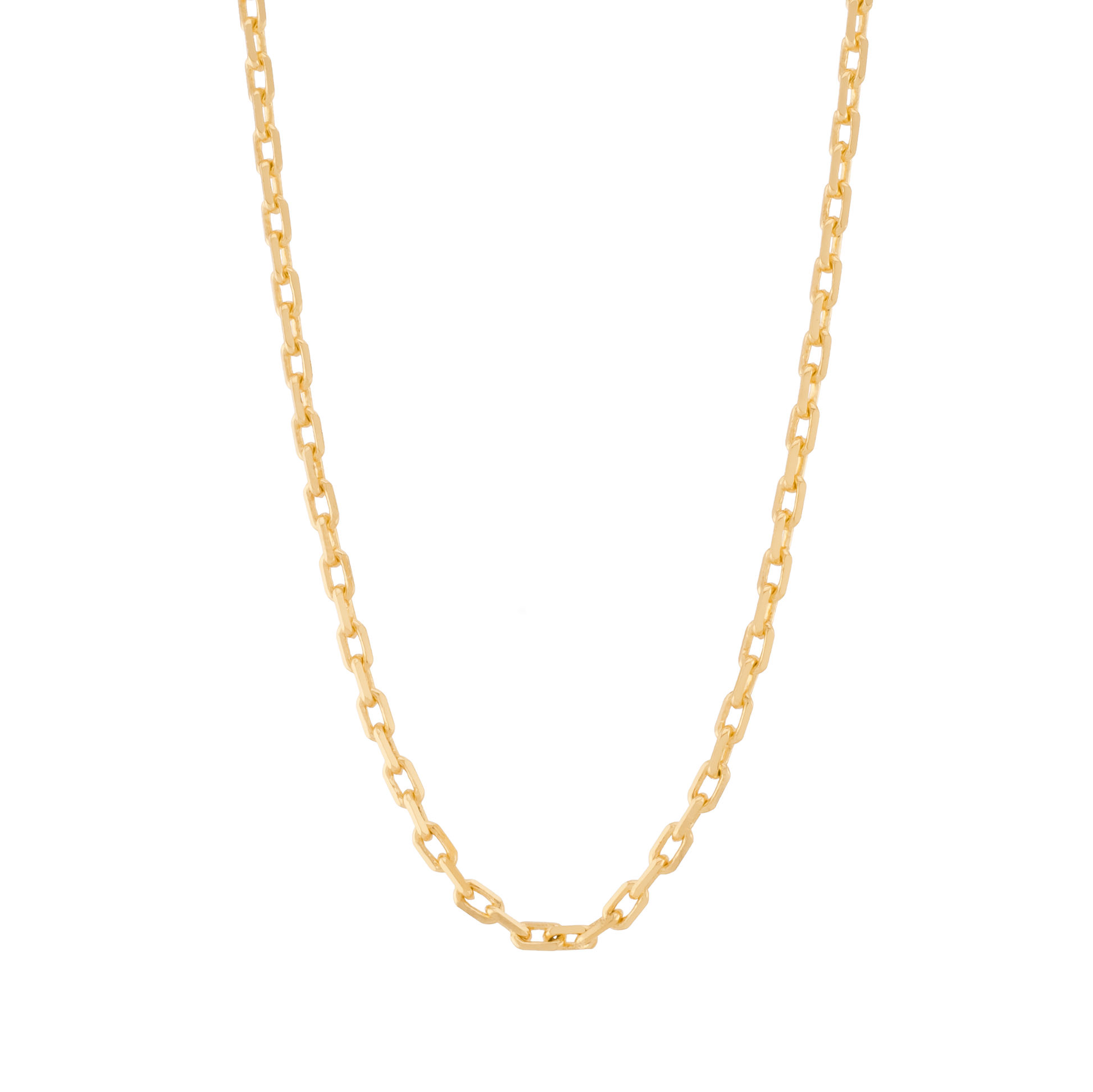 Gold box chain necklace on a white background