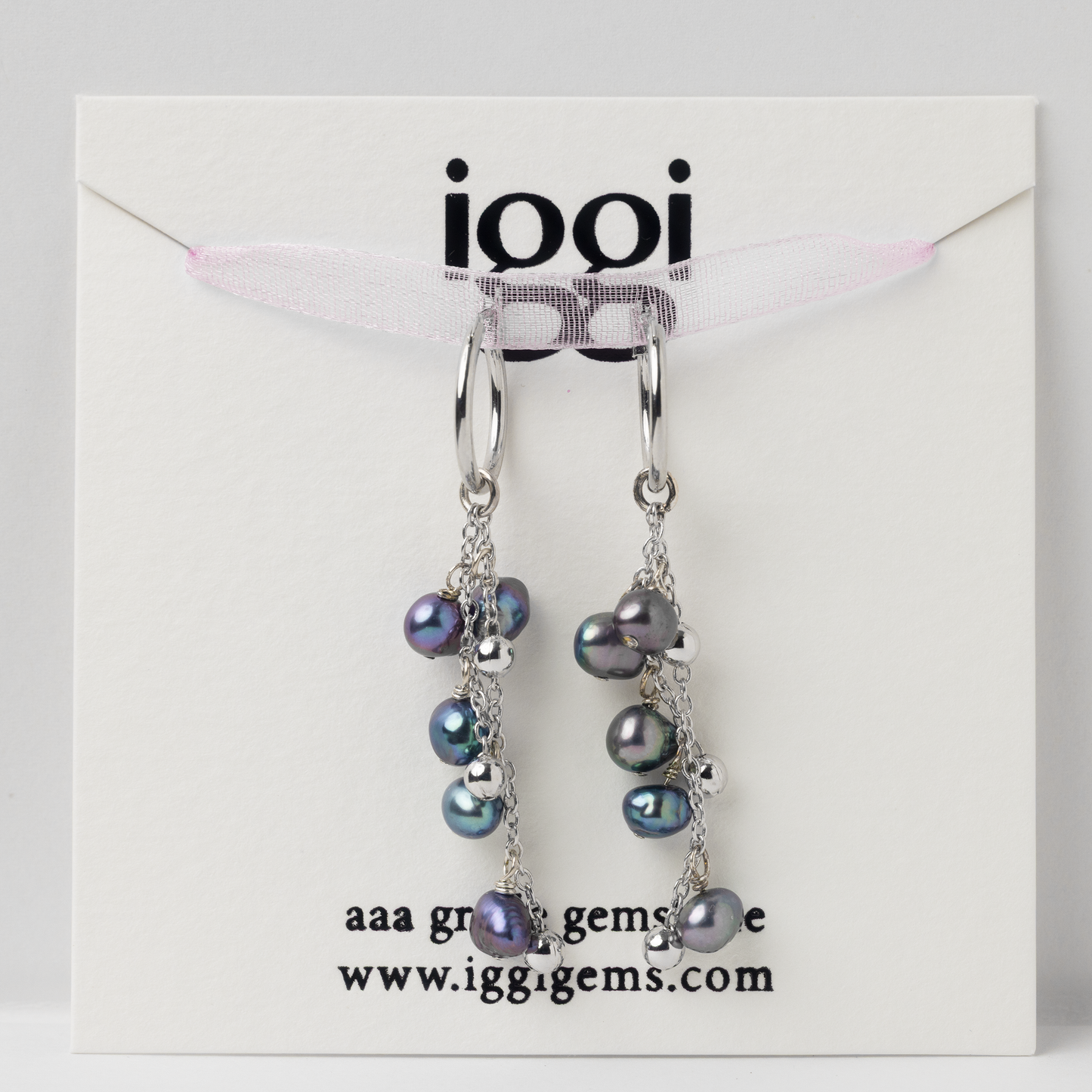 Caviar Dewdrops Double Strand Rhodium Hoop Earrings