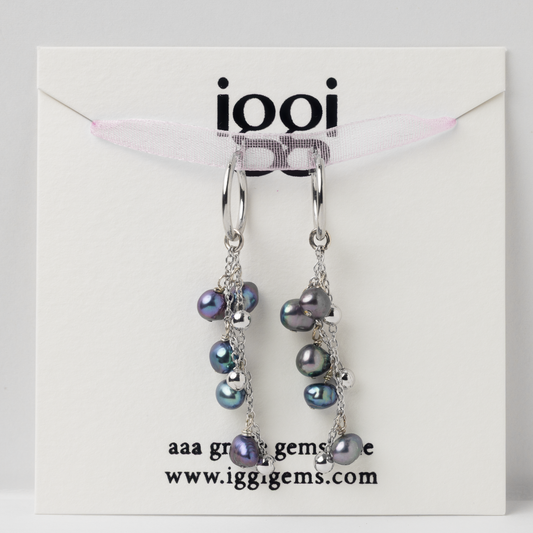 Caviar Dewdrops Double Strand Rhodium Hoop Earrings