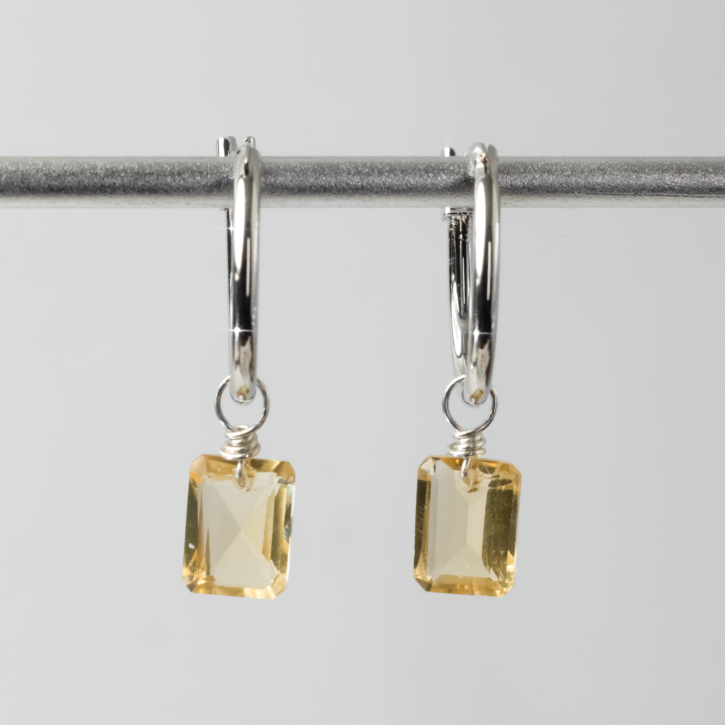 Citrine Emerald Cut Rhodium Hoop Earrings