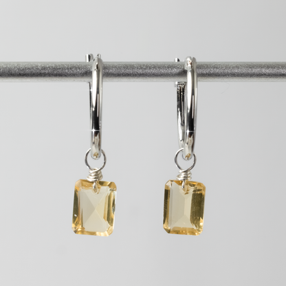Citrine Emerald Cut Rhodium Hoop Earrings