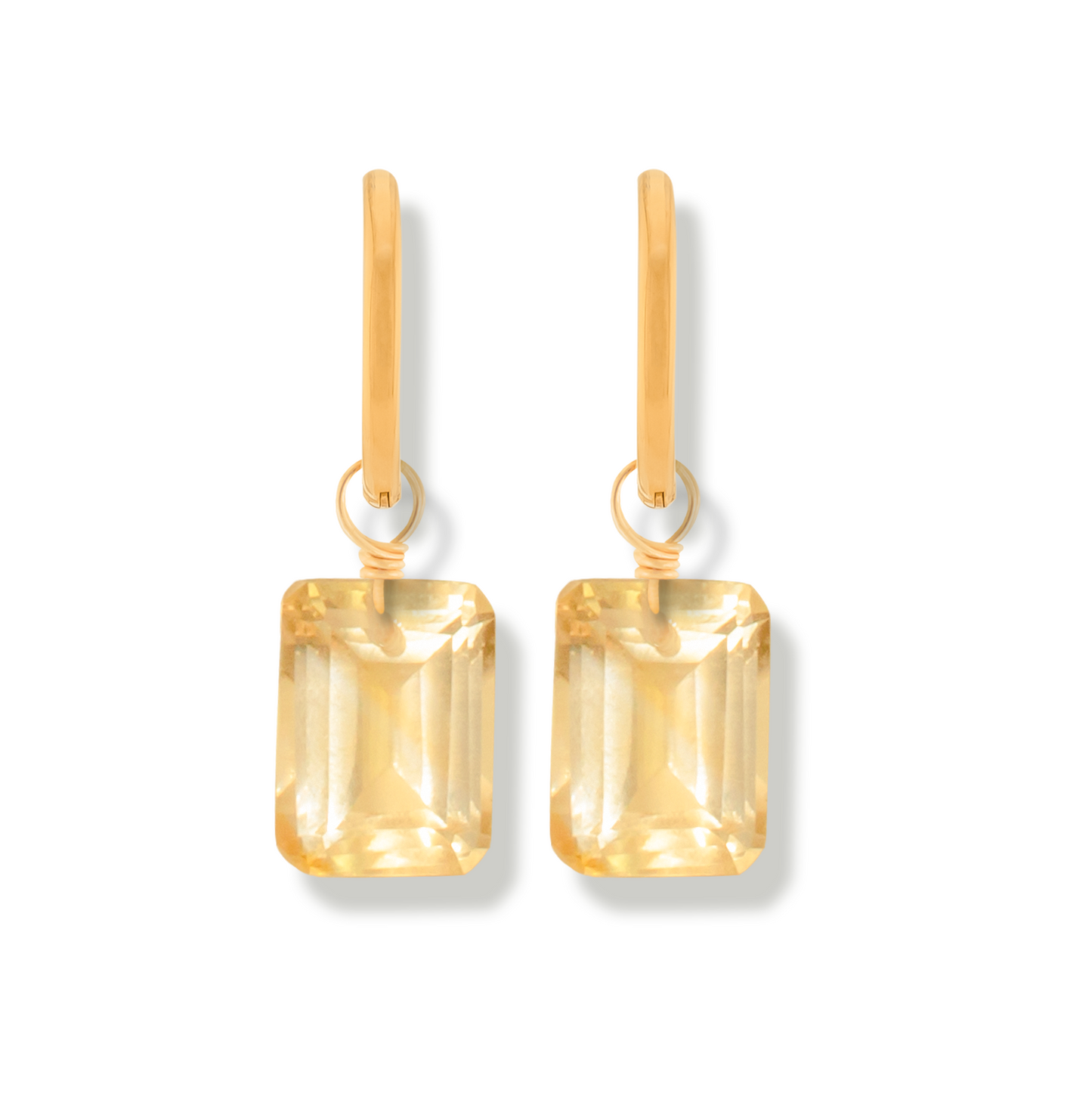 14k gold-filled earrings with rectangular citrine stones on a white background
