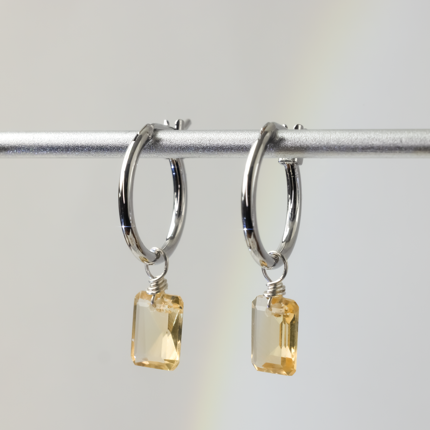 Citrine Emerald Cut Rhodium Hoop Earrings