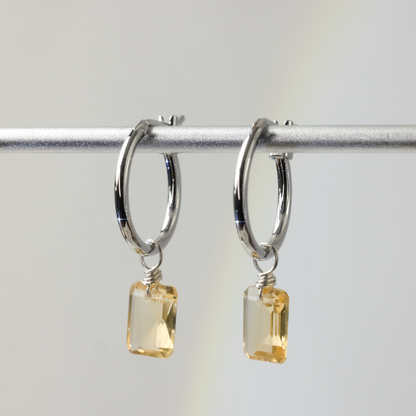 Citrine Emerald Cut Rhodium Hoop Earrings