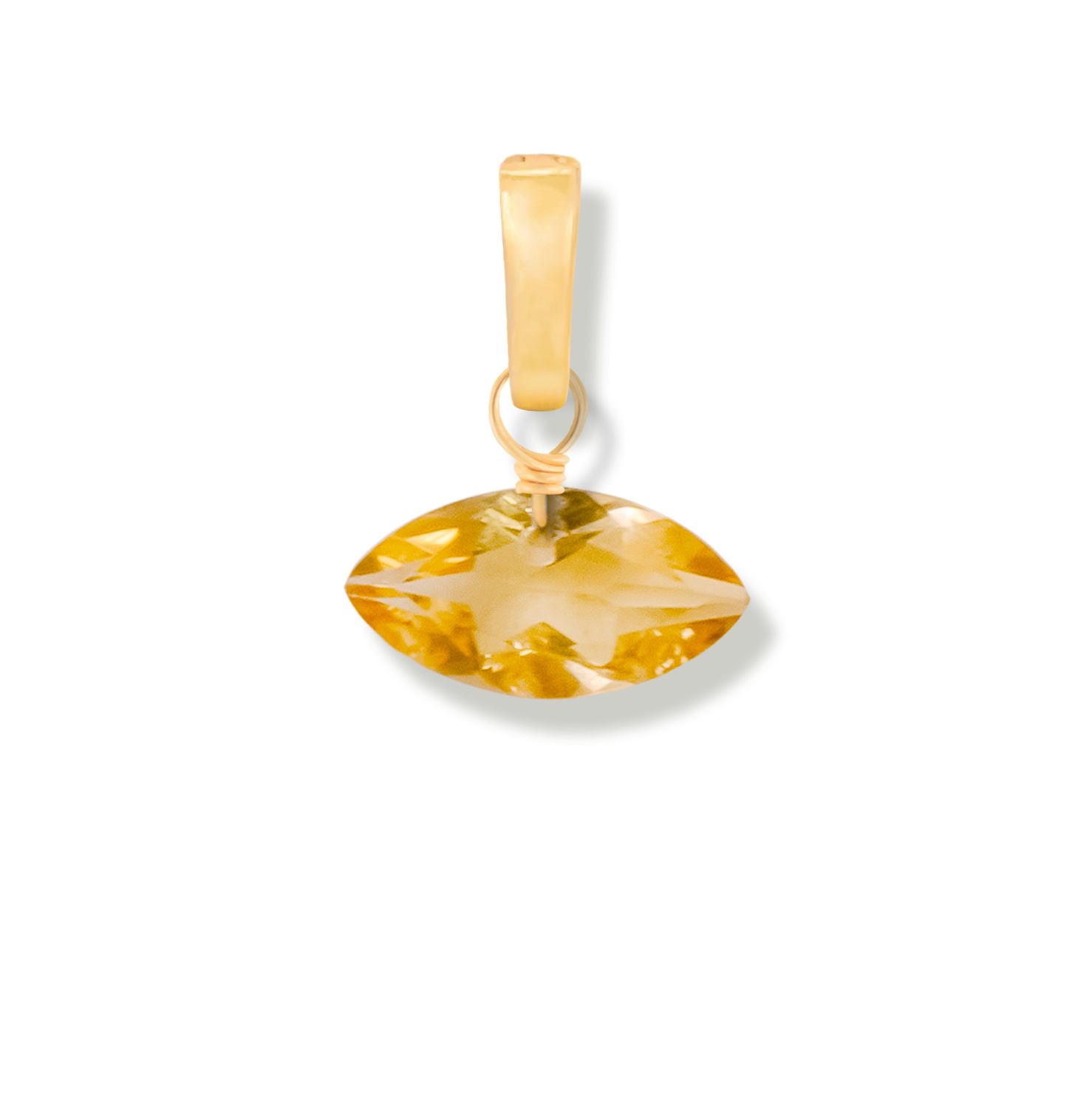 Gold pendant charm with citrine marquise cut gemstone on a white background.