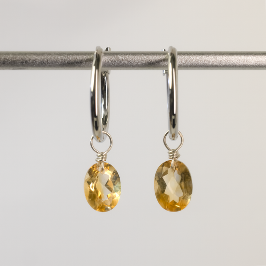 Citrine Oval Cut Rhodium Hoop Earrings