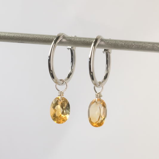 Citrine Oval Cut Rhodium Hoop Earrings