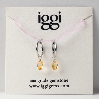 Citrine Oval Cut Rhodium Hoop Earrings