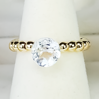 Rock Crystal Round Cut Gold Bead Cocktail Ring