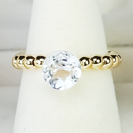 Rock Crystal Round Cut Gold Bead Cocktail Ring