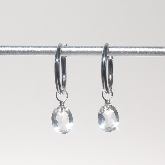 Rock Crystal Oval Cut Rhodium Hoop Earrings