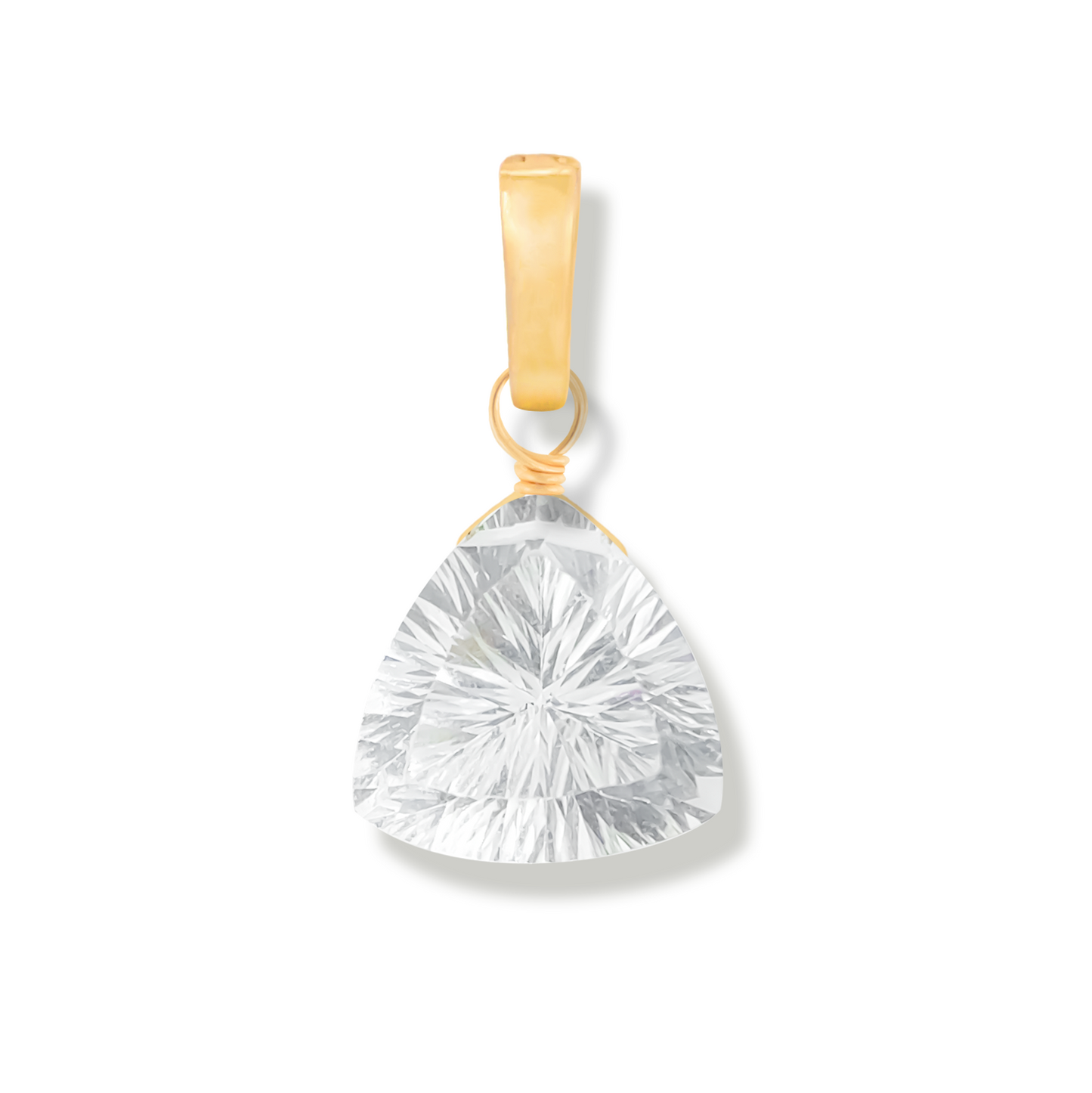Gold pendant with a rock crystal trillion cut gemstone on a white background
