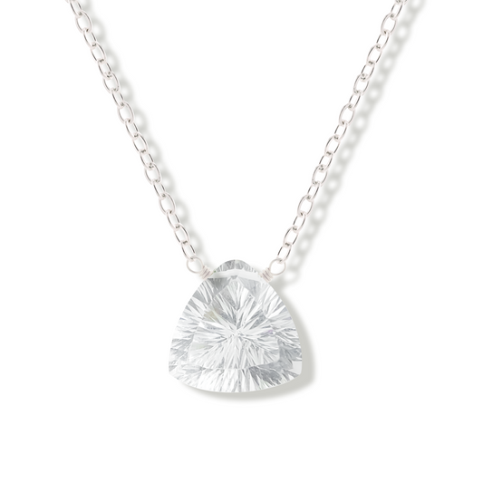 Silver necklace with a rock crystal gemstone pendant on a white background
