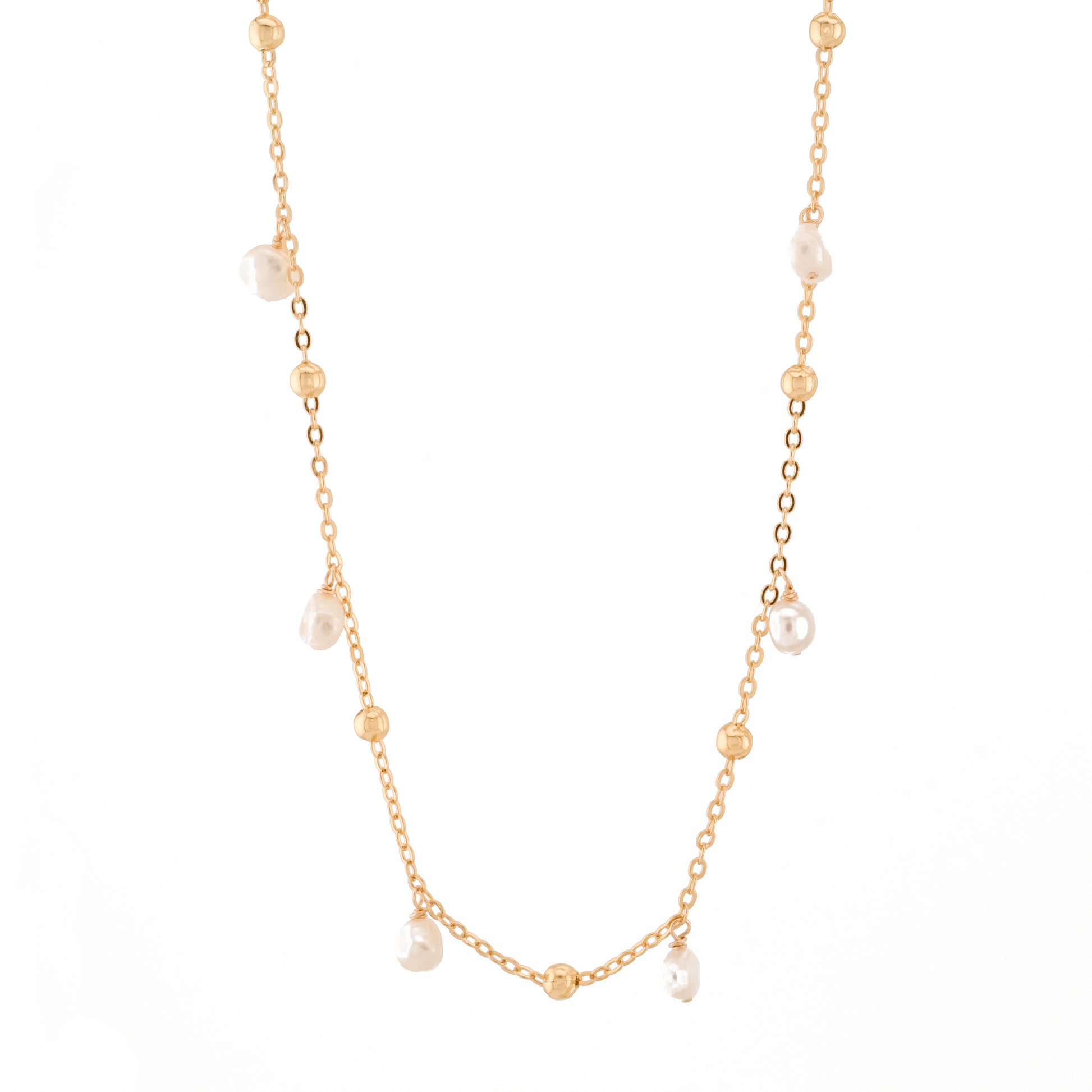 gold necklace with gold beads and baroque pearls on a white background.