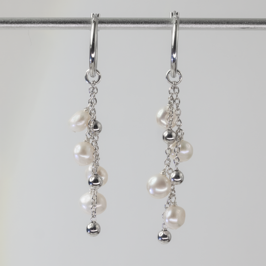 Dewdrops Double Strand Silver Hoop Earrings