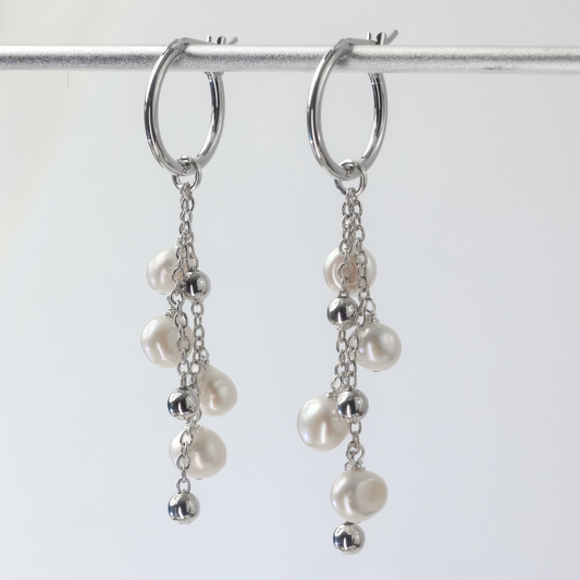 Dewdrops Double Strand Silver Hoop Earrings