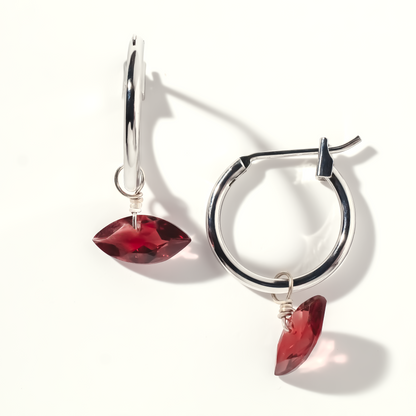 Garnet Marquise Cut Rhodium Hoop Earring