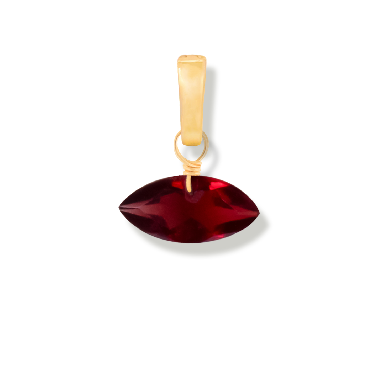 Gold pendant with a garnet marquise cut gemstone on a white background