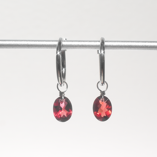 Garnet Oval Cut Rhodium Hoop Earrings