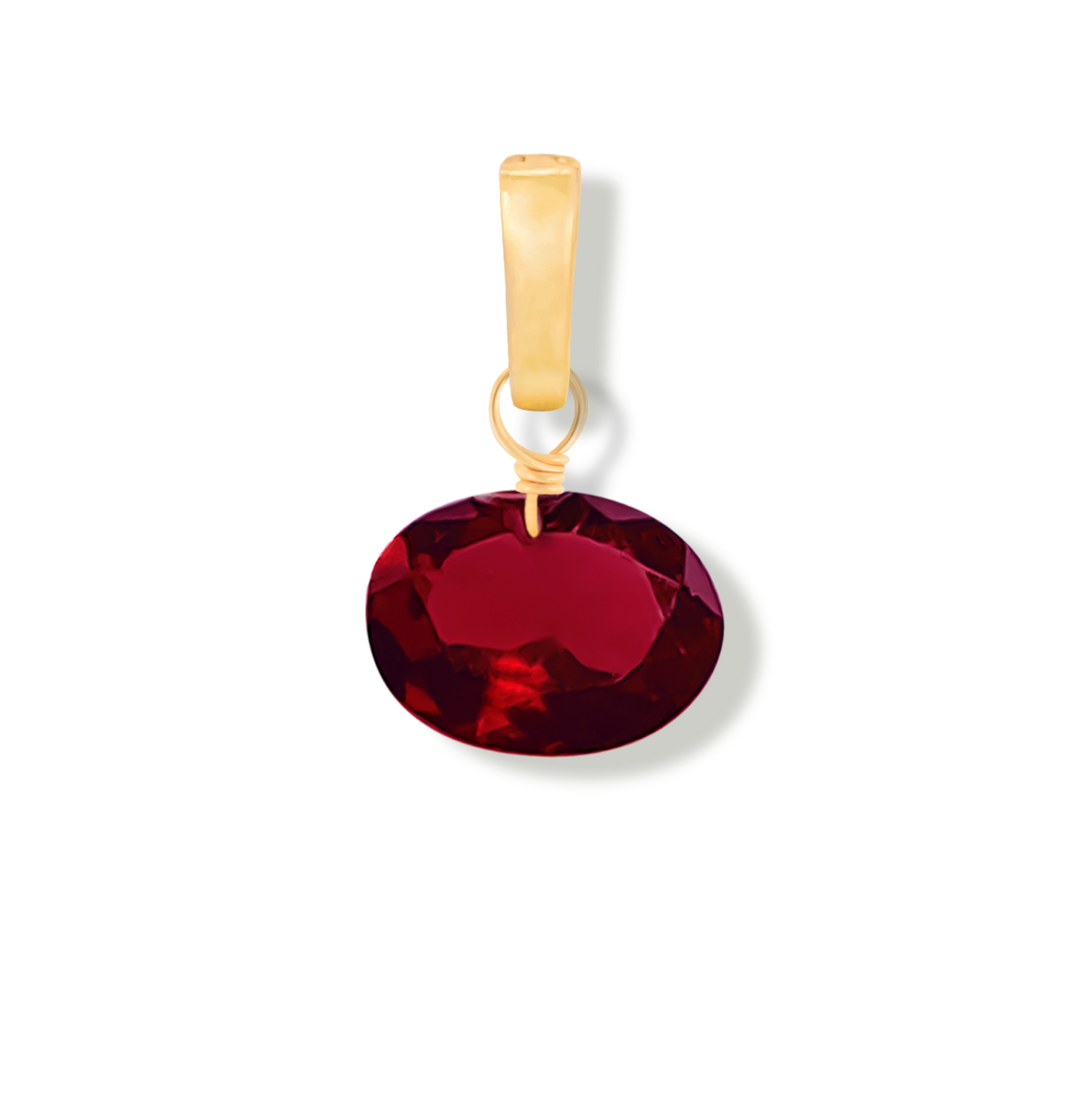 garnet oval cut gemstone charm on a white background.