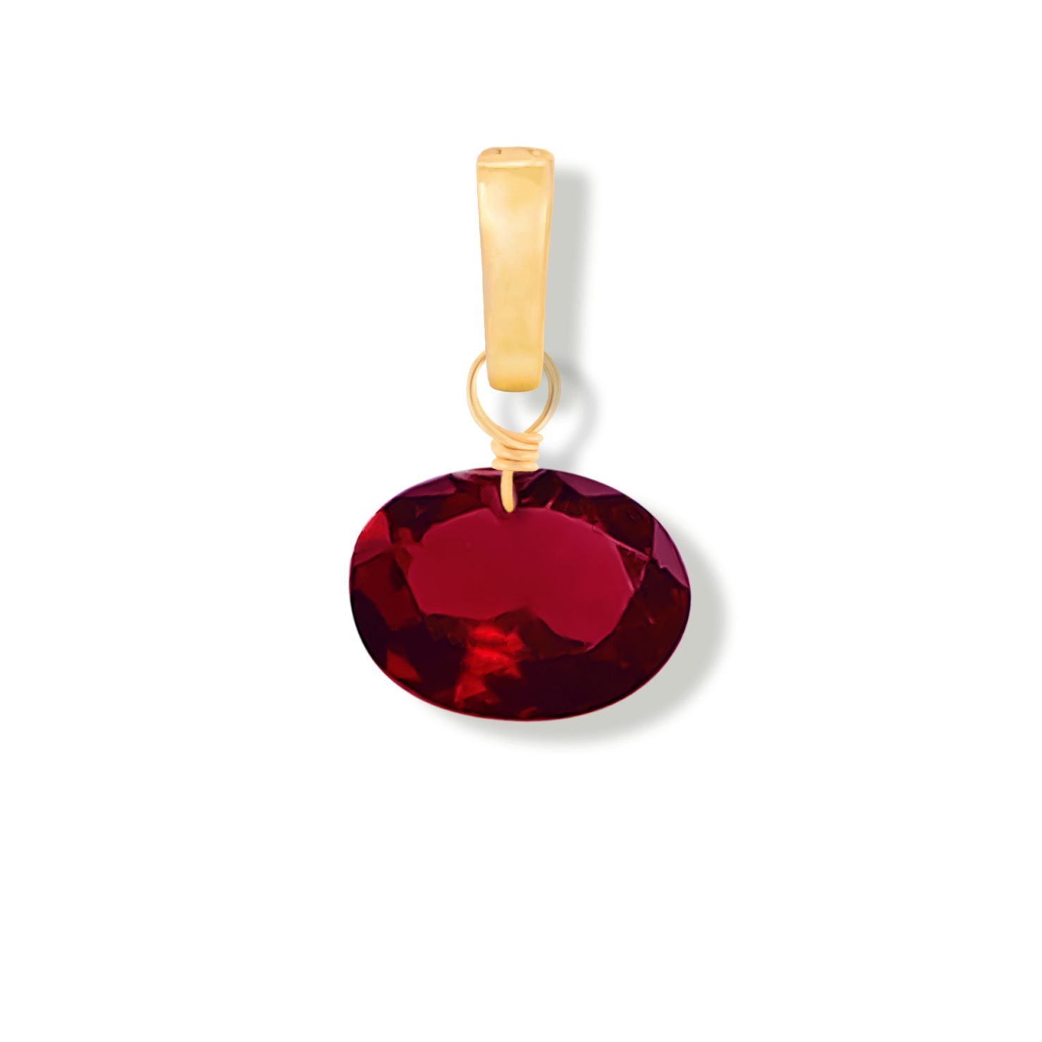 garnet oval cut gemstone charm on a white background.