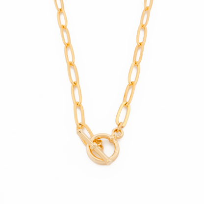 Gold paperclip chain necklace with a toggle clasp on a white background