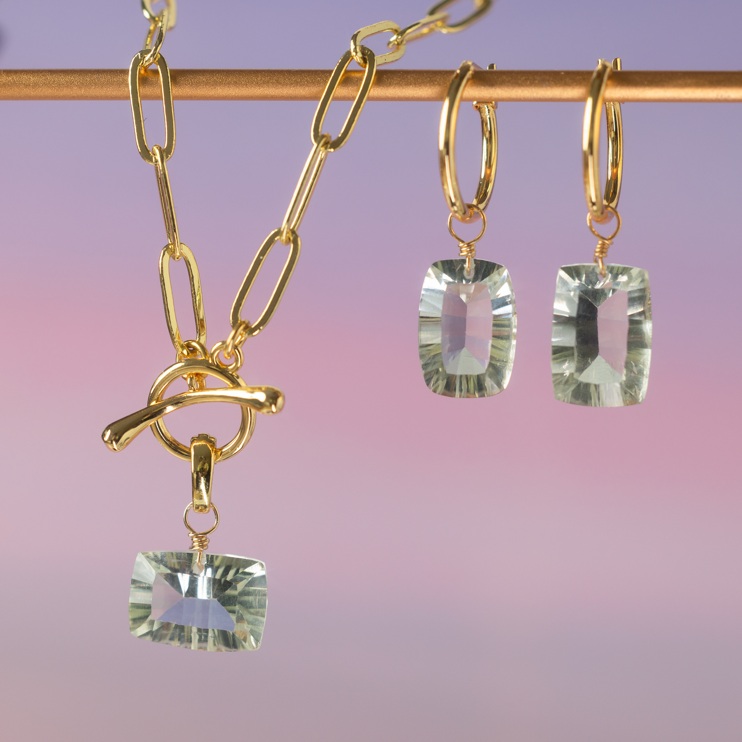 Green Amethyst Rectangle Cut 14K Gold-Filled Hoop Earring
