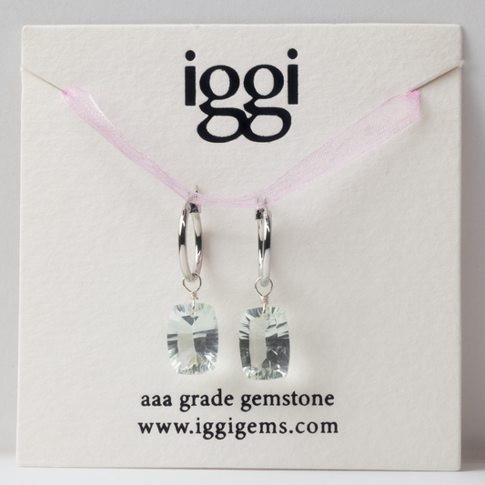 Green Amethyst Rectangle North South Cut Rhodium Hoop Earring