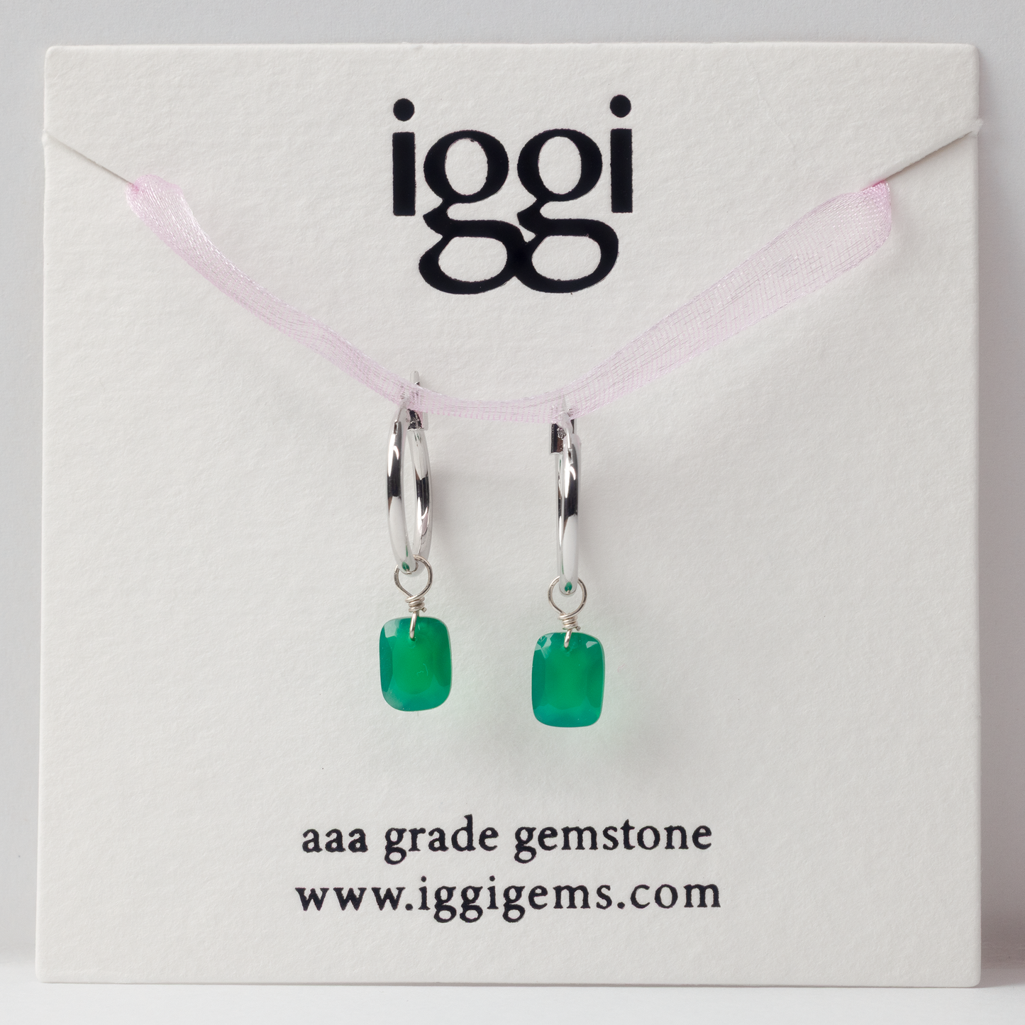 Green Onyx Emerald Cut Rhodium Hoop Earrings